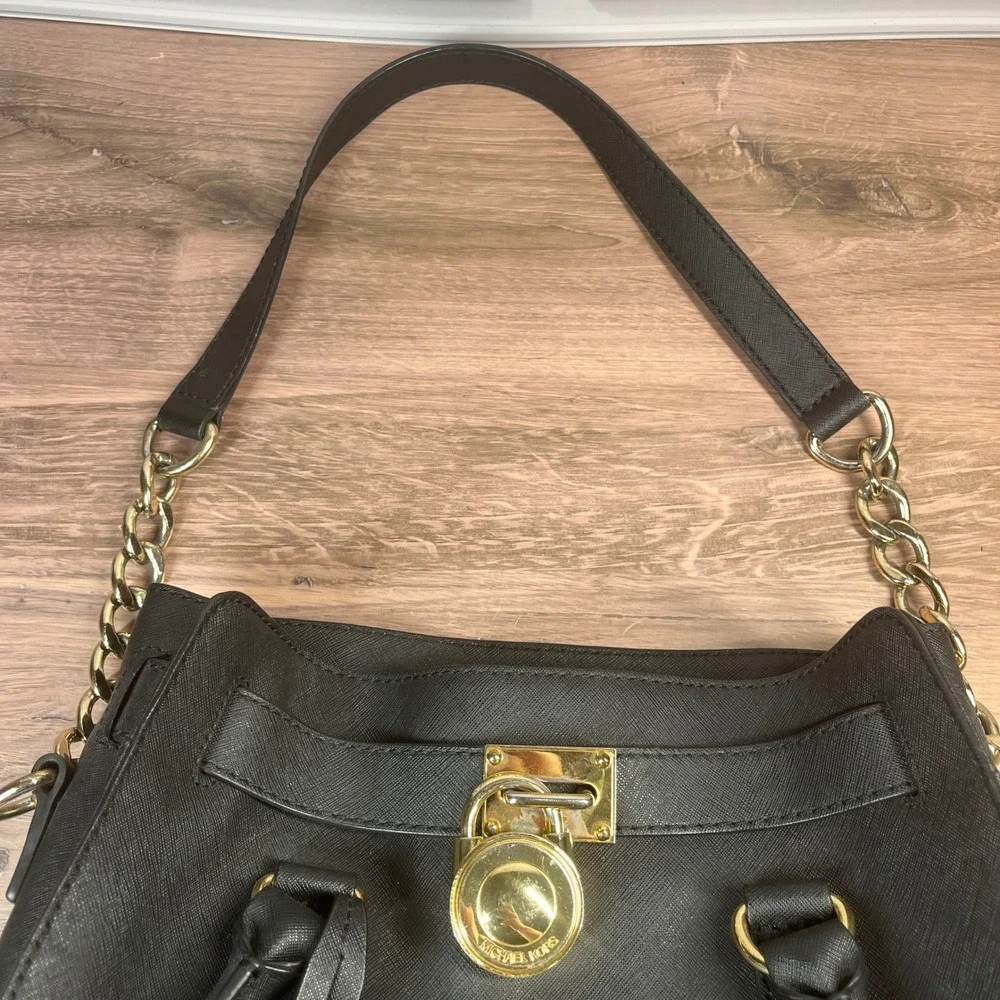 Michael Kors Hamilton Satchel Womens Medium Black Saffiano Leather‎ Gold Padlock